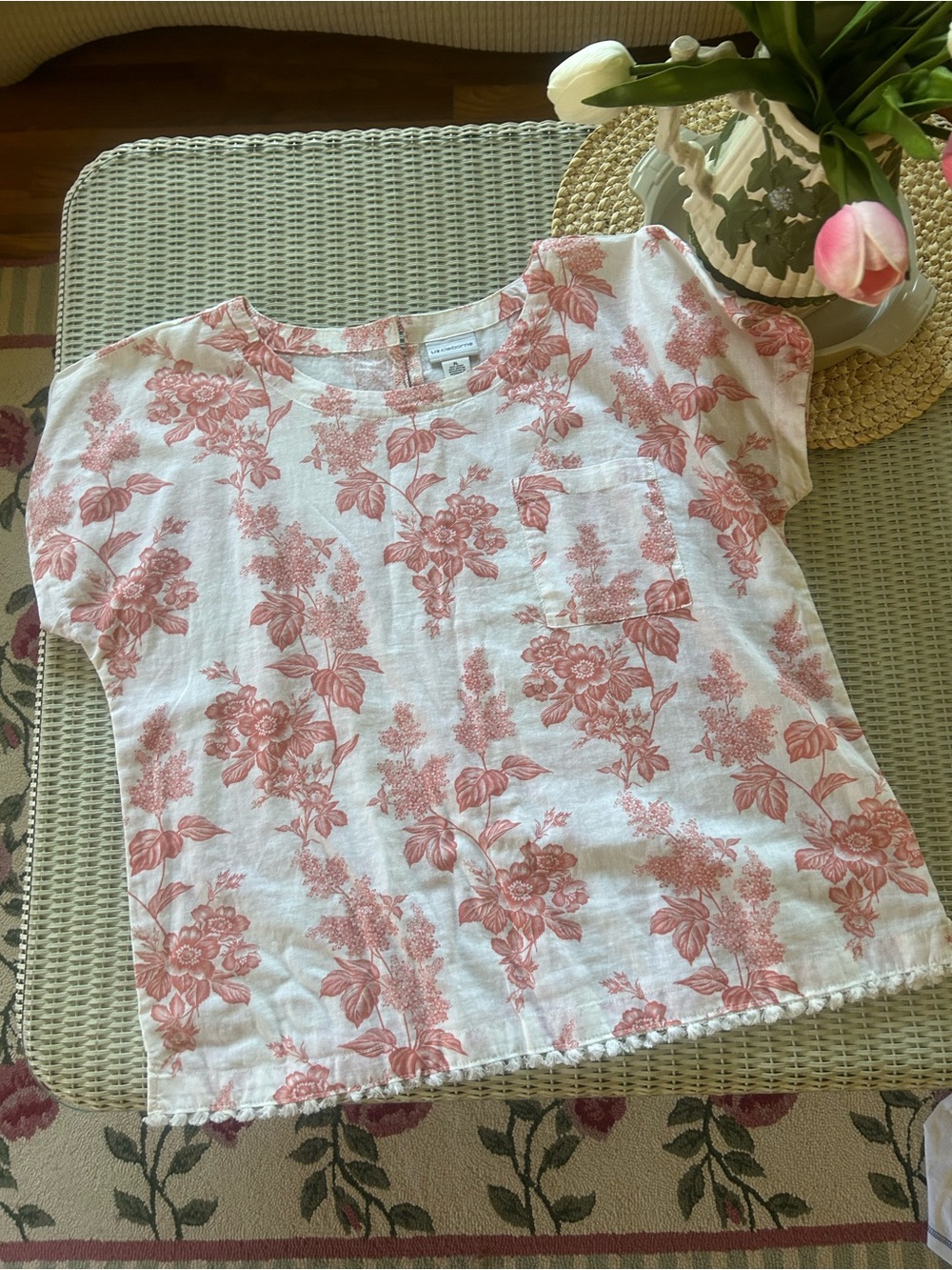 Liz Claiborne White and Coral Floral Linen-Cotton Blouse